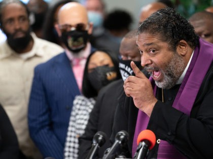 William J. Barber II speaks during a press conference concerning the shooting death of Andrew Brown Jr. at Mount Lebanon A.M.E. Zion Church in Elizabeth City, North Carolina on April 24, 2021. Brown was shot by officers from the Pasquotank County Sheriffs Office on April 21. (Sean Rayford/Getty Images)