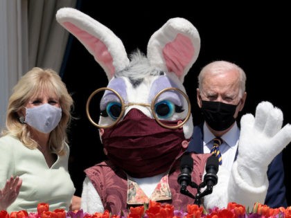 U.S. President Joe Biden and first lady Jill Biden appear with the Easter Bunny at the White House on April 05, 2021 in Washington, DC. The year's traditional Easter Egg Roll was canceled this year due to the coronavirus pandemic. (Win McNamee/Getty Images)