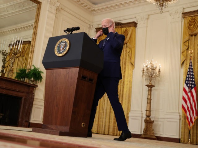 WASHINGTON, DC - APRIL 15: U.S. President Joe Biden arrives to deliver remarks from the Ea