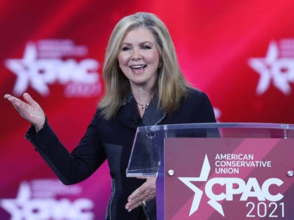 Sen. Marsha Blackburn (R-TN) addresses the Conservative Political Action Conference being held in the Hyatt Regency on February 26, 2021 in Orlando, Florida. (Joe Raedle/Getty Images)