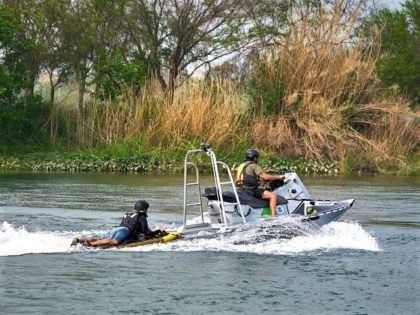 Del Rio Sector Border Patrol agents test a new migrant rescue watercraft on the Rio Grande