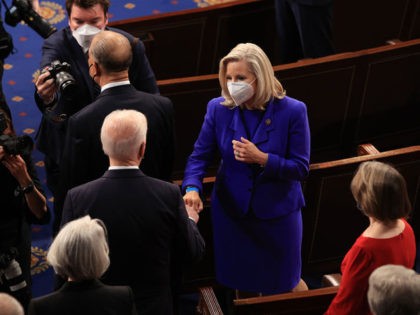 WASHINGTON, DC - APRIL 28: U.S. President Joe Biden greets Rep. Liz Cheney (R-WY) with a f