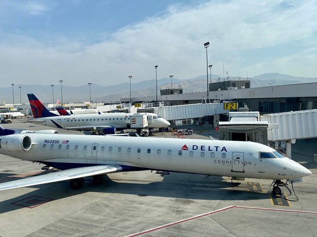A Delta Airlines plane is seen at the gate at Salt Lake City International Airport (SLC),