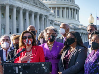 From left, House Speaker Nancy Pelosi, D-Calif., joins Rep. Joyce Beatty, D-Ohio, Rep. Cori Bush, D-Mo., Rep. Sheila Jackson Lee, D-Tex., and the other members of the Congressional Black Caucus, to make a statement on the verdict in the murder trial of former Minneapolis police Officer Derek Chauvin in the …
