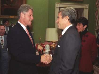 Ghislaine Maxwell watches as Jeffrey Epstein and US President Bill Clinton shake hands. (William J. Clinton Presidential Library)