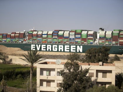 The container ship, the Ever Given, is seen moving at the Suez Canal on March 29, 2021 in