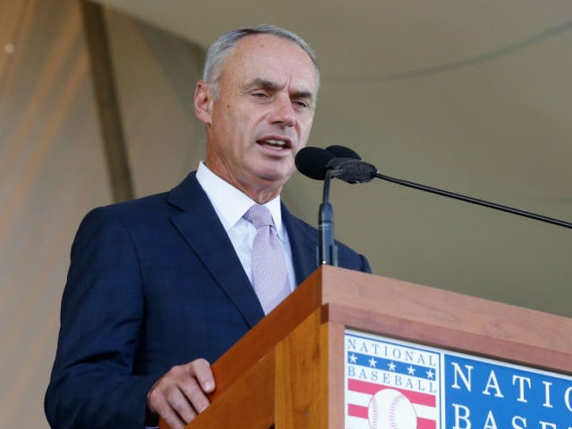 COOPERSTOWN, NY - JULY 29: MLB commissioner Rob Manfred speaks at Clark Sports Center during the Baseball Hall of Fame induction ceremony on July 29, 2018 in Cooperstown, New York. (Photo by Jim McIsaac/Getty Images)