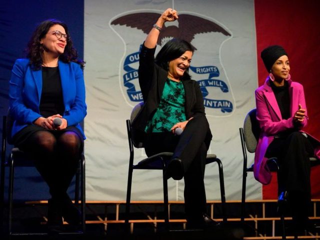 US Congresswoman Rashida Tlaib (L), D-MI, US Congresswoman Pramila Jayapal (C), D-WA and U