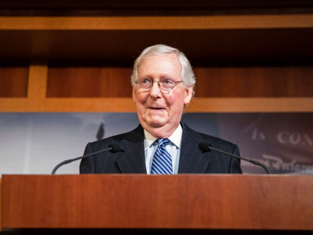 WASHINGTON, DC - FEBRUARY 05: Senate Majority Leader Mitch McConnell (R-KY) holds a press conference after the Senate voted to acquit President Donald Trump on the two articles of impeachment on Capitol Hill on February 5, 2020 in Washington, DC. After the House impeached Trump last year, the Senate tried …