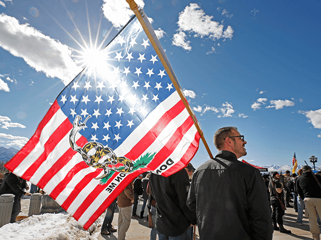 A man with his flag listens to speakers at a protest to new gun legislation at the Utah State Capitol in Salt Lake City, Utah on February 8, 2020. - The protestors are opposing new gun legislation that they say will restrict their US second amendment rights. Utah is an …