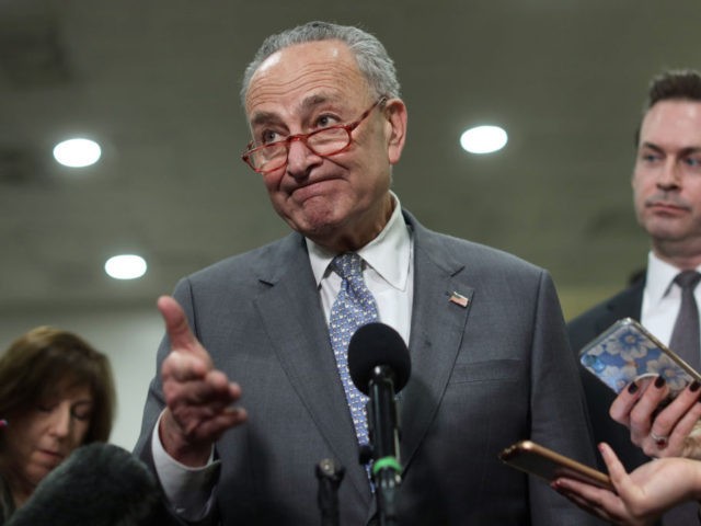 WASHINGTON, DC - JANUARY 27: U.S. Minority Leader Sen. Chuck Schumer (D-NY) speaks to members of the media during a break of the Senate impeachment trial against President Donald Trump at the U.S. Capitol January 27, 2020 in Washington, DC. The defense team will continue its arguments on day six …
