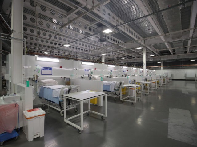 Beds and medical emquipment are seen on a ward at the NHS Nightingale temporary hospital a