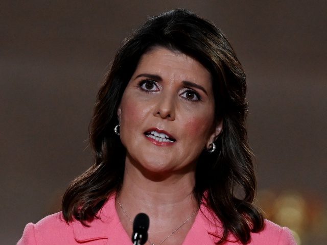 Former Ambassador to the United Nations Nikki Haley speaks during the first day of the Republican convention at the Mellon auditorium on August 24, 2020 in Washington, DC (Photo by Olivier DOULIERY / AFP) (Photo by OLIVIER DOULIERY/AFP via Getty Images)