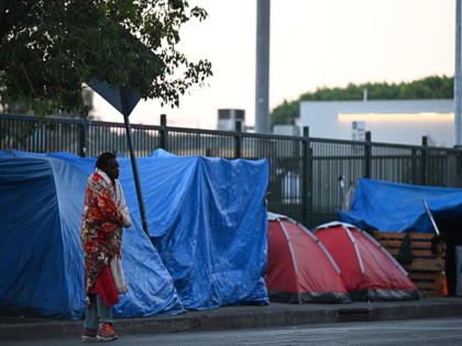 A homeless man stands outside tents on Skid Row, November 25, 2020 in Los Angeles, California, one day ahead of the Thanksgiving holiday. - The Covid-19 pandemic is causing food insecurity for millions of Americans. TheLos Angeles Mission on Skid Row mission is preparing approximately 4,000 meals for the holiday …