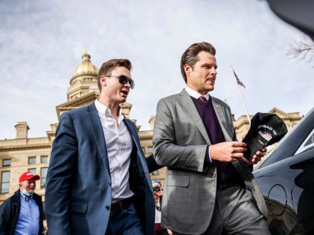 CHEYENNE, WY - JANUARY 28: Rep. Matt Gaetz (R-FL) (R) leaves the Wyoming State Capitol after speaking to a crowd during a rally against Rep. Liz Cheney (R-WY) on January 28, 2021 in Cheyenne, Wyoming. Gaetz added his voice to a growing effort to vote Cheney out of office after …