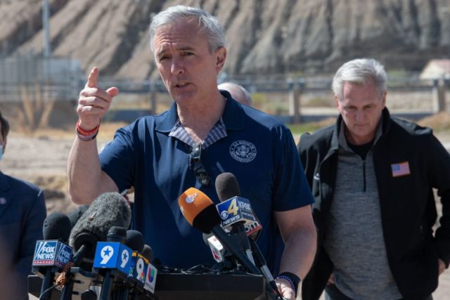 US Representative John Katko (R-NY) addresses the press during the congressional border delegation visit to El Paso, Texas on March 15, 2021. - President Joe Biden faced mounting pressure Monday from Republicans over his handling of a surge in migrants -- including thousands of unaccompanied children -- arriving at the …