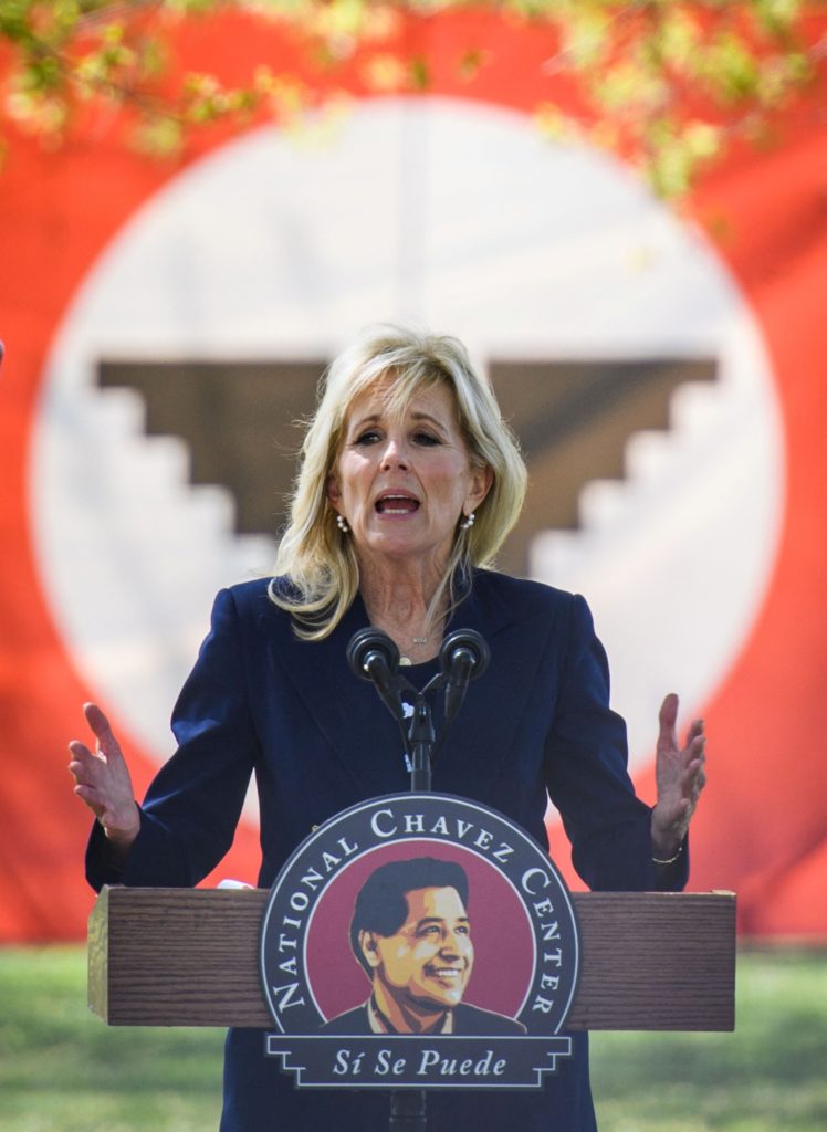 U.S. First Lady Jill Biden speaks during her visit to The Forty Acres, the first headquarters of the United Farm Workers labor union, in Delano, California on March 31, 2021. (MANDEL NGAN/POOL/AFP via Getty Images)