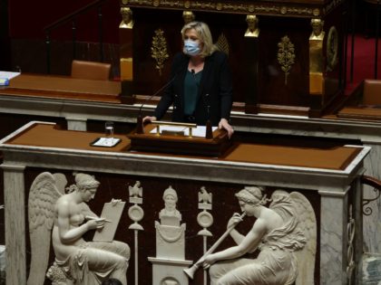 Head of the "Rassemblement national" far-right party Marine Le Pen addresses MPs during a debate held ahead of the vote on a draft bill on Covid-19 response, on April 01, 2021 at the National Assembly in Paris. (Photo by Thomas COEX / AFP) (Photo by THOMAS COEX/AFP via Getty Images)