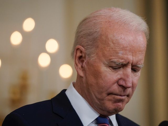 WASHINGTON, DC - APRIL 2: U.S. President Joe Biden pauses while speaking about the March jobs report in the State Dining Room of the White House on April 2, 2021 in Washington, DC. According to the U.S. Labor Department, employers added over 900,000 jobs in March, up from 416,000 in …