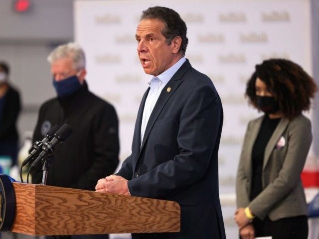 Governor Andrew Cuomo speaks during a press conference on coronavirus (Covid-19) vaccination at Suffolk County Community College on April 12, 2021 in Brentwood, New York. - Governor Andrew Cuomo held a press conference at Suffolk County Community College, a mass vaccination site, announcing that the state will be sending the …