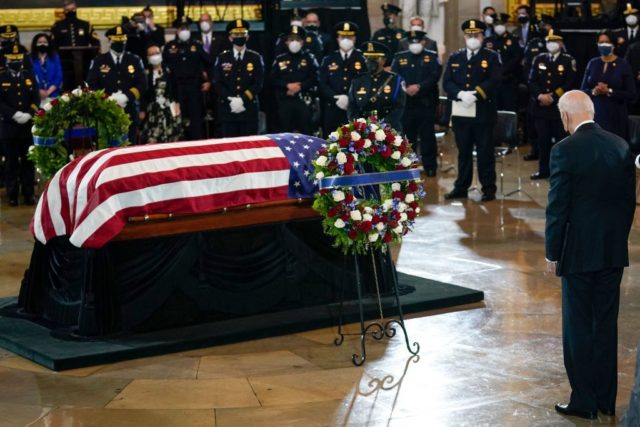President Joe Biden pauses at the casket of slain US Capitol Police officer William Billy