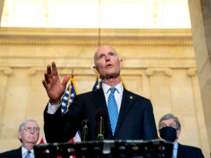 WASHINGTON, DC - APRIL 13: Senator Rick Scott (R-FL) speaks to reporters following Senate Republican Policy luncheons at the Russell Senate Office Building on Capitol Hill on April 13, 2021 in Washington, DC. Senate Republicans criticized U.S. President Joe Bidens plan to remove all troops from Afghanistan by September 11, …