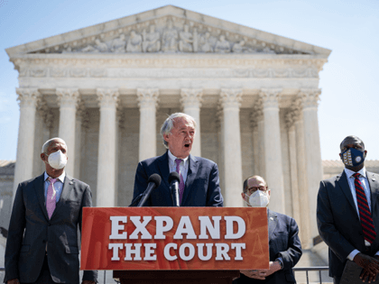 SCOTUS - (L-R) Rep. Hank Johnson (D-GA), Sen. Ed Markey (D-MA), House Judiciary Committee Chairman Rep. Jerrold Nadler (D-NY) and Rep. Mondaire Jones (D-NY) hold a press conference in front of the U.S. Supreme Court to announce legislation to expand the number of seats on the Supreme Court on April …