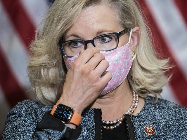 WASHINGTON, DC - APRIL 20: Rep. Liz Cheney (R-WY) adjusts a protective face mask during a press conference following a House Republican caucus meeting on Capitol Hill on April 20, 2021 in Washington, DC. The House Republican members spoke about the Biden administration's immigration policies and the coronavirus pandemic. (Photo …