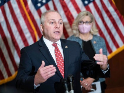 WASHINGTON, DC - APRIL 20: Rep. Steve Scalise (R-LA) speaks during a press conference following a House Republican caucus meeting on Capitol Hill on April 20, 2021 in Washington, DC. The House Republican members spoke about the Biden administration's immigration policies and the coronavirus pandemic. (Photo by Sarah Silbiger/Getty Images)