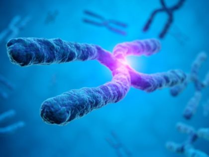 magnification of X chromosome with a glowing effect in a blue background - concept of cloning and genetic mutation