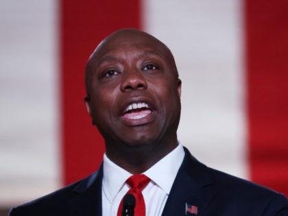 WASHINGTON, DC - AUGUST 24: U.S. Sen. Tim Scott (R-SC) stands on stage in an empty Mellon