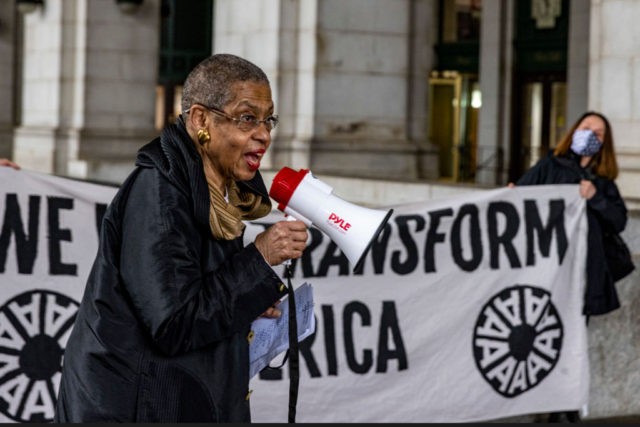 WASHINGTON, DC - MARCH 31: U.S. Rep. Eleanor Holmes Norton (D-DC) speaks outside Union Station on March 31, 2021 in Washington, DC. Residents of Washington DC take action for an economic recovery and infrastructure package prioritizing climate, care, jobs, and justice, call on congress to pass the THRIVE Act. (Photo …