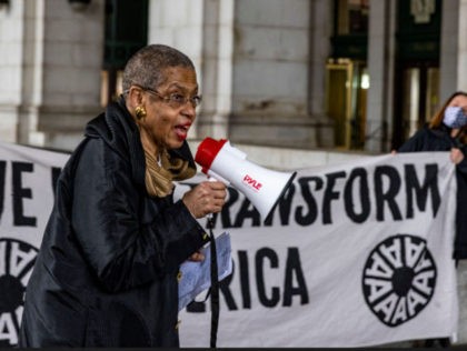 WASHINGTON, DC - MARCH 31: U.S. Rep. Eleanor Holmes Norton (D-DC) speaks outside Union Station on March 31, 2021 in Washington, DC. Residents of Washington DC take action for an economic recovery and infrastructure package prioritizing climate, care, jobs, and justice, call on congress to pass the THRIVE Act. (Photo …