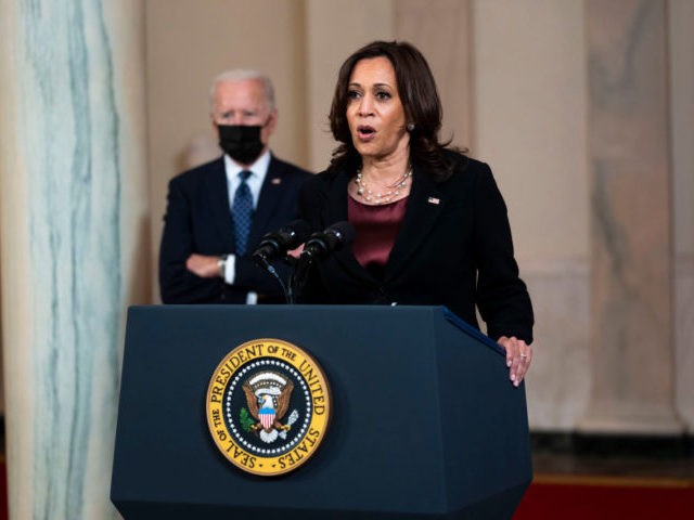 WASHINGTON, DC - APRIL 20: Vice President Kamala Harris delivers remarks as President Joe Biden looks on in response to the verdict in the murder trial of former Minneapolis police officer Derek Chauvin at the Cross Hall of the White House April 20, 2021 in Washington, DC. Chauvin was found …