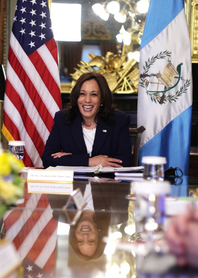 WASHINGTON, DC - APRIL 26: U.S. Vice President Kamala Harris participates in a virtual bil