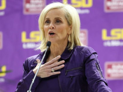 BATON ROUGE, LOUISIANA - APRIL 26: Kim Mulkey, the newly hired women's basketball coach at Louisiana State University, speaks during a press conference at Pete Maravich Assembly Center on April 26, 2021 in Baton Rouge, Louisiana. (Photo by Peter Forest/Getty Images)