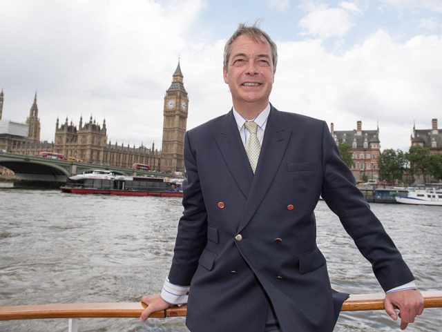 LONDON, ENGLAND - JUNE 15: Nigel Farage, leader of the UK Independence Party shows his support for the 'Leave' campaign for the upcoming EU Referendum aboard a boat on the River Thames on June 15, 2016 in London, England. Nigel Farage, leader of UKIP, is campaigning for the United Kingdom …