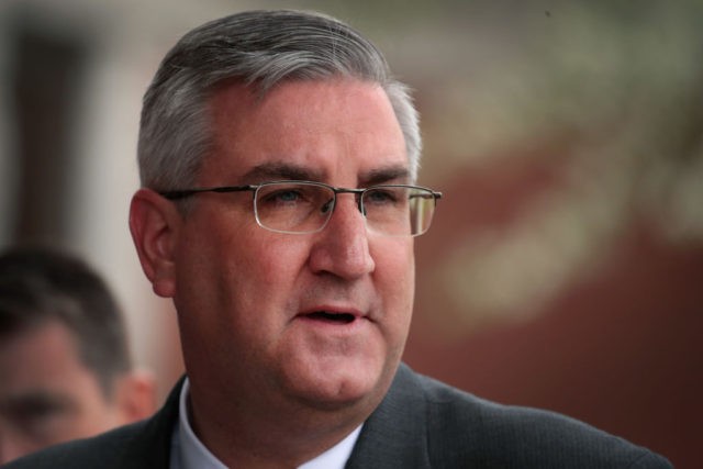 EAST CHICAGO, IN - APRIL 19: Indiana Gov. Eric Holcomb addresses the media after meeting w