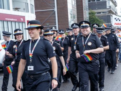 GLASGOW, SCOTLAND - AUGUST 19: Police in Pride colours lead the march at the Glasgow Pride march on August 19, 2017 in Glasgow, Scotland. The largest festival of LGBTI celebration in Scotland has been held every year in Glasgow since 1996. (Photo by Robert Perry/Getty Images)