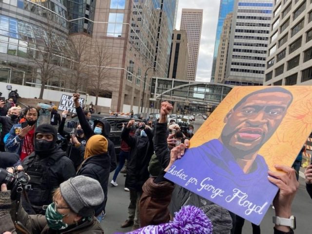 BLM protesters took to the streets of Minneapolis to celebrate the conviction of Derek Chauvin for the murder of George Floyd. (Photo: Matt Perdie/Breitbart News)