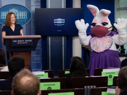 The Easter Bunny makes a surprise appearance as White House Press Secretary Jen Psaki holds a press briefing in the Brady Press Briefing Room of the White House in Washington, DC, April 5, 2021. (Photo by SAUL LOEB / AFP) (Photo by SAUL LOEB/AFP via Getty Images)