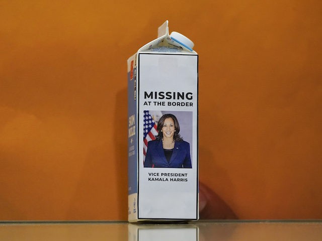 A milk carton with a picture of Vice President Kamala Harris sits on the floor during a press conference following a House Republican caucus meeting on Capitol Hill on April 14, 2021 in Washington, DC. The House Republican members spoke about their recent trip to the southern border and the …