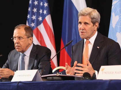 MUNICH, GERMANY - FEBRUARY 11: Russian Foreign Minister Sergey Lavrov and US Secretary of State John Kerry (L-R) give a press conference following a meeting of the International Syrian Support Group (ISSG) on February 11, 2016 in Munich, Germany. ISSG met in Munich ahead of the International Munich Security Conference …