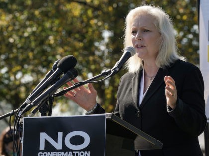 U.S. Senator Kirsten Gillibrand speaks at a protest calling for the Republican Senate to delay the confirmation of Supreme Court Justice Nominee Amy Coney Barrett at the U.S. Capitol on October 22, 2020 in Washington, DC. (Jemal Countess/Getty Images for Care In Action)
