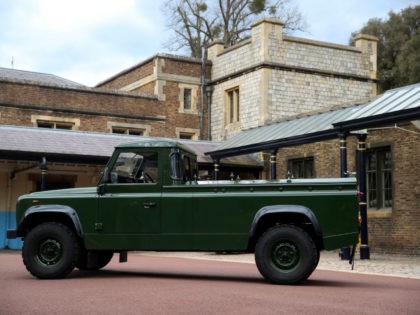 The Jaguar Land Rover that will be used to transport the coffin of the Duke of Edinburgh at his funeral on Saturday, is pictured at Windsor Castle, in Berkshire, England, Wednesday, April 14, 2021. The modified Land Rover Defender TD5 130 chassis cab vehicle was made at Land Rover's factory …