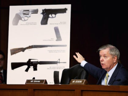 Senate Judiciary Committee member Sen. Lindsey Graham (R-SC) uses imagees of handguns and rifles during a hearing about gun control on Capitol Hill January 30, 2013 in Washington, DC. Shooting victim and former U.S. Rep. Gabby Giffords (D-AZ) delivered an opening statment to the committee, which met for the first …