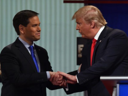 Republican Presidential candidates, businessman Donald Trump (R) and Florida Senator Marco Rubio shake hands after the Republican Presidential debate sponsored by Fox Business and the Republican National Committee at the North Charleston Coliseum and Performing Arts Center in Charleston, South Carolina on January 14, 2016. AFP PHOTO/ TIMOTHY A. CLARY …