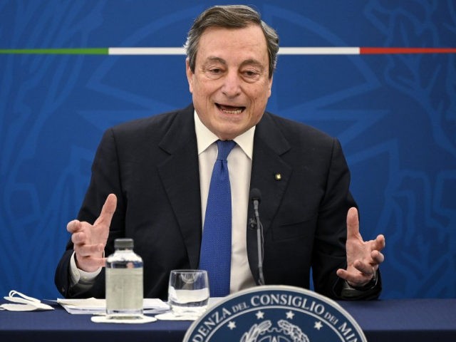 FILE -- In this April 8, 2021 file photo Italian Premier Mario Draghi speaks during a pres