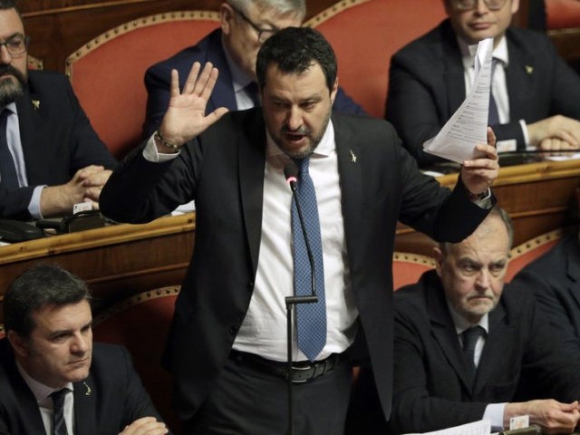 FILE - In this Feb. 12, 2020 file photo, then opposition leader Matteo Salvini speaks at t