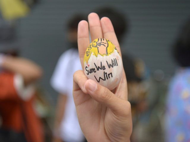 An anti-coup protester raises a decorated Easter egg along with the three-fingered symbol